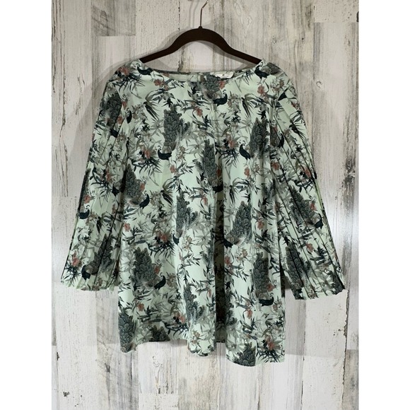 World Market Tops - World Market Blouse L/XL Mint Green Peacock Bird Floral Pleated 3/4 Sleeve